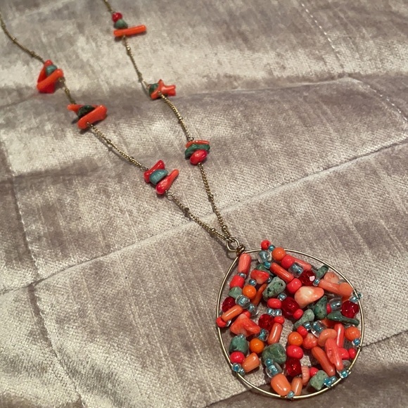 Jewelry - Boho Coral Pendant Station Style Necklace 16”
